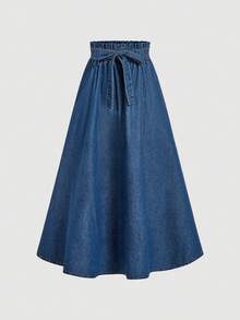 SHEIN MOD Women's Casual Knotted Waist Denim Skirt - Blue - View 1