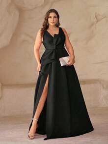 SHEIN Belle Plus Size Deep V-Neck High Slit Asymmetrical Bow Formal Dress, Elegant Evening Gown - Black - View 3