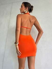 Aloruh Orange Asymmetrical Neck Tight Sexy Sleeveless Knit Dress - Orange - View 2