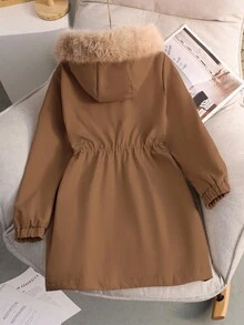SHEIN Tween Girl 别致厚款保暖内衬优雅简约时尚毛领长款户外夹克，适合秋冬季、派对、卡其色 - 棕色 - 查看 2