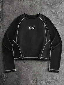 AXEPEAK 男士几何印花圆领长袖撞色滚边休闲T恤 - 黑與白 - 查看 3