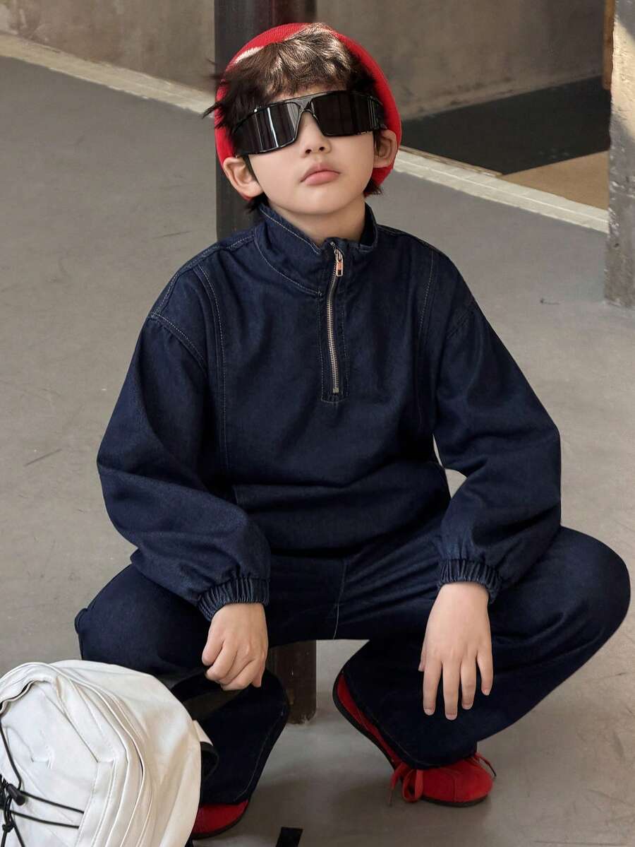 DAZY Tween Boys Fashion Zip-Up Denim Jacket And Pants Set - Blue - View 1