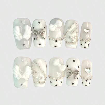 ROMWE Anime 10 móng giả trang trí phong cách Y2K Retro hình ngôi sao, chấm bi, sọc, Pop Art, Grunge, nốt nhạc, làm thủ công, phù hợp cho sinh viên, lễ hội âm nhạc, hẹn hò, v.v.