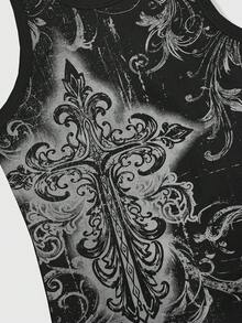 ROMWE MEN Men's Y2K Fashion Street Punk Style Cross & Plant Print Tank Top, Summer - Black - View 3