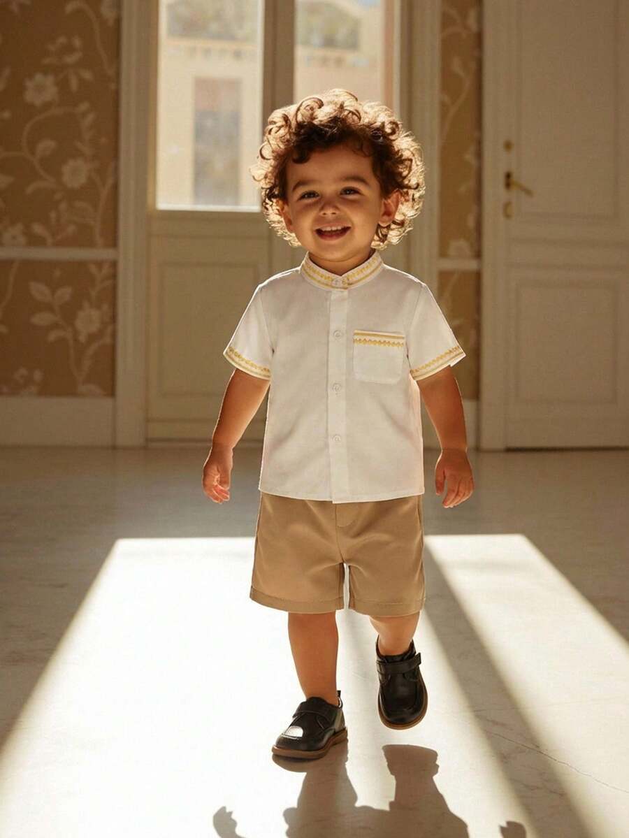 2pcs Baby Boy White Summer Casual Family Matching Colorblock Print Short Sleeve Woven Shirt,Loose Shorts Set,Toddler Linen Outfit For Holiday Wear - Khaki - View 1