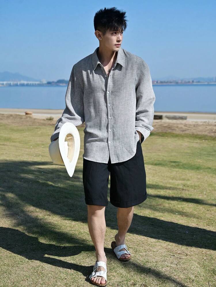 Men's Embroidered Shirt, Grey, Spring/Summer Long Sleeve Tops Women