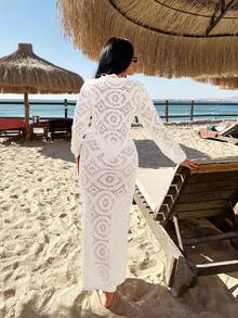 Women's Summer Beach Lace Cut Out Cover-Up Dress - Apricot - View 3