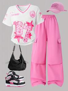 SHEIN ChillGRL Tween Girls' Casual Letter Striped V-Neck Off Shoulder Loose T-Shirt & Numeric Graphic Tee With Chic Utility Straight Leg Pocket Pants 2-Piece Set, Fashionable Spring/Summer/Autumn - Pink - View 1