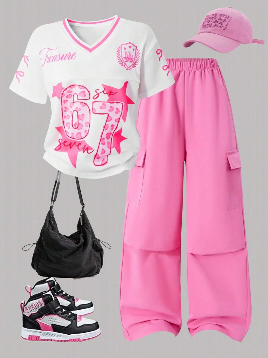 SHEIN ChillGRL Tween Girls' Casual Letter Striped V-Neck Off Shoulder Loose T-Shirt & Numeric Graphic Tee With Chic Utility Straight Leg Pocket Pants 2-Piece Set, Fashionable Spring/Summer/Autumn - Pink - View 1