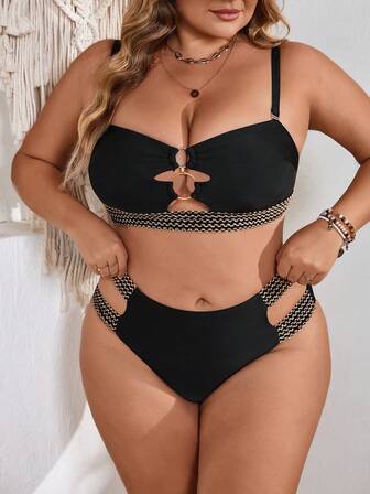 SHEIN CURVE+ 夏季沙滩加大码女士性感比基尼套装，带环扣和镂空设计，休闲风格，适合夏季沙滩度假，女士度假装，女士沙滩装，泳装