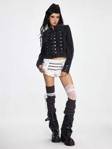 ROMWE Grunge Punk Áo khoác denim rách kiểu cổ điển với khóa kim loại phong cách punk hàng hải. - màu đen - Xem 2