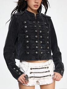 ROMWE Grunge Punk Áo khoác denim rách kiểu cổ điển với khóa kim loại phong cách punk hàng hải. - màu đen - Xem 1