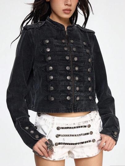 Grunge Punk Vintage Distressed Denim Jacket With Nautical Punk Metal Buckle Closure