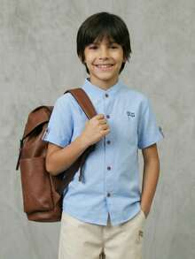 Casuvi Kids 1pc Tween Boys' Mandarin Collar Casual Solid Blue Short Sleeve Shirt, Front CSV Graphic, Versatile Spring/Summer Sky Blue Shrit For Kids Boys Sky Blue Shirt For Kids Boys - Blue - View 4