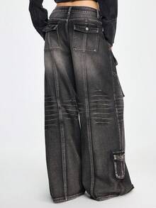 ROMWE Grunge Punk Vintage Punk Metal Grommet Loose Wide Leg Jeans - Black - View 3