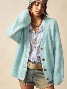 Bohemela Áo khoác cardigan dệt kim dáng rộng, phong cách vintage thường ngày, thích hợp cho mùa Thu/Đông. - Màu xanh nhạt - Xem 3