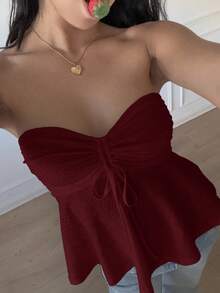 CovetEZ 酒红色针织可爱系带抹胸上衣 - 酒紅色 - 查看 7