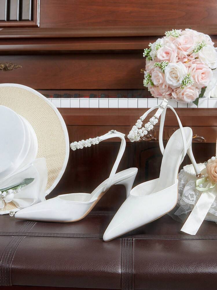 CUCCOO HITCHD Women Shoes Women Pointed Slender Heel White Faux Pearl Women's High Heel Shoes Ankle Strap Slingback Shoes Fashion Sexy Party Banquet Wedding Fashion Simple High Heel Women's Shoes Wedding Shoes Spring Shoes Bride Shoes