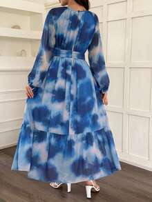 Vivie Lora 女士荷叶边扎染中长连衣裙 - 藍色 - 查看 3