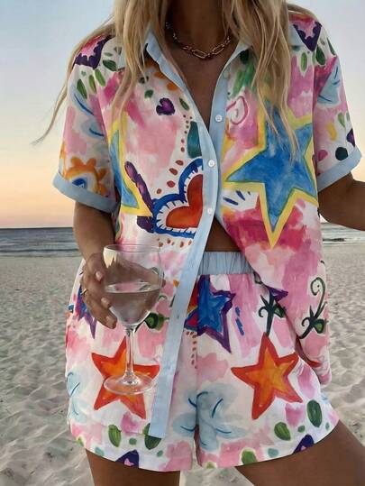 Vaclyn Women's Vacation Pentagram Print Short Sleeve Shirt And Shorts Casual Suit