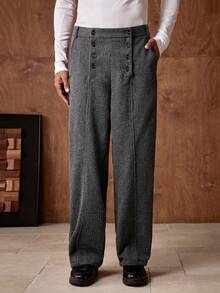 AKNOTIC Men's Wool Herringbone Pattern Wide Leg Pants,Light Grey Autumn Vintage Date High Waisted Button Placket Pocket Casual Baggy Dress Up Formal Pants - Black - View 6