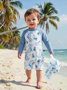 SHEIN Newborn Knitted Dinosaur Pattern Swimsuit With Hat Set