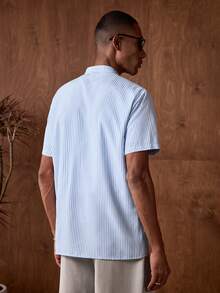 AKNOTIC Áo sơ mi nam tay ngắn kẻ sọc cài cúc phía trước, chất liệu dệt kim, kiểu dáng thường ngày, thích hợp cho mùa hè. - màu đen - Xem 7