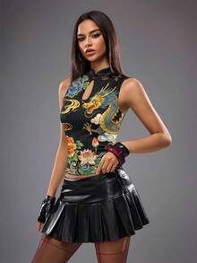 Y2Kool BiGraphic Top ajustado de mujer con estampado de dragón, de estilo chino nuevo, con elementos orientales y florales, sexy y casual, adecuado para verano, otoño, vacaciones, reuniones, fiestas y uso diario - Negro - Ver 8