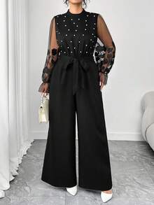 Elenzga جمبسوت فضفاضة مستقيمة بياقة عالية وأكمام طويلة من الراجلان مع تطريز لؤلؤي ورقعات من الشبك، مقاسات كبيرة - الأسود - مشاهدة 6