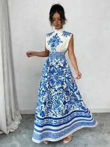 Rafferiza 女士优雅度假浪漫印花无袖露腰长裙 - 藍色 - 查看 3