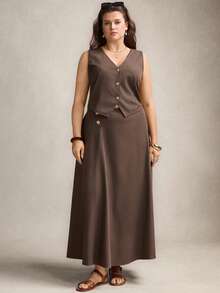 Comfylo Plus Size 2 Pieces Set: Sleeveless Top And Midi Skirt, Versatile For Commuting And Outings Brown Top Valentine's Day Birthday Elegant - Brown - View 7