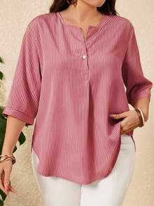 EMERY ROSE Plus Size Women Summer Casual Striped Print Short Sleeve Shirt, Summer Tops - Red - View 4