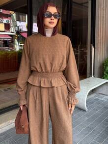 DAZY Women's Elegant Textured Shirt And Wide Leg Pants 2 Pieces Set, Spring/Summer - Coffee Brown - View 7