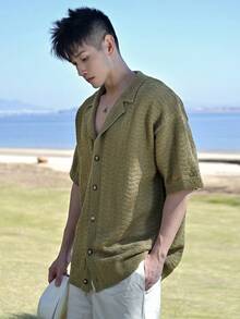 DAZY 男士纯绿色度假风开衫衬衫，夏季 - 綠色 - 查看 4