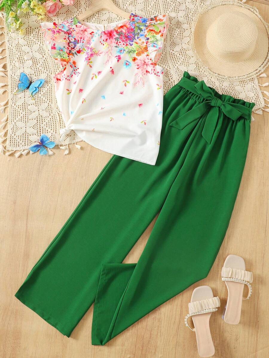 SHEIN 少女衬衫套装，白色绿色，花朵印花飞袖荷叶边上衣和纸袋腰裤两件套，休闲旅行、假日、度假 - 綠色 - 查看 1