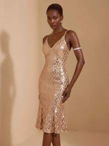 JIAN LASALA V Neck Spaghetti Straps Patterned Sequin Mesh Mermaid Hem Party Dress Women Short Sexy Dress Black Sequin Midi Dress Sparkly Cocktail Dress Glitter Dress Sleeveless Midi Dress Black Sequin Dress Sparkly Dress Midi Cocktail Dress Sequin Dress Luxury Stylish Clothing Collection Elegant - Khaki - View 1