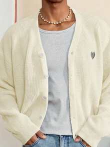 SWAVVY 男士心形图案单排扣休闲百搭长袖开衫，适合秋冬季外出穿着 - 杏色 - 查看 4