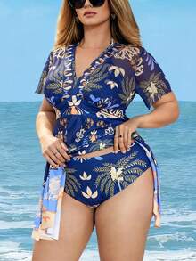 Swim Lushoire Bộ đồ bơi 2 mảnh dành cho nữ cỡ lớn: Váy lưới in họa tiết retro thời trang, kiểu dáng rộng rãi thoải mái, giúp thon gọn vòng bụng, kết hợp với áo tắm bikini cạp cao, cạp trễ vai và quần tam giác. - Màu xanh lam - Xem 6