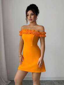 Elenzga Ruffle Collar Off-Shoulder Waist Cinched Romantic Women Dress - Orange - View 4