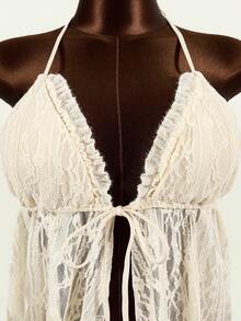 Elamini 女士蕾丝拼接露背扭结露脐短款上衣和侧系带三角比基尼两件套泳衣