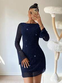 SHEIN EZwear 女士新款藏蓝色亮片露背喇叭袖迷你派对连衣裙 - 藏蓝色 - 查看 2