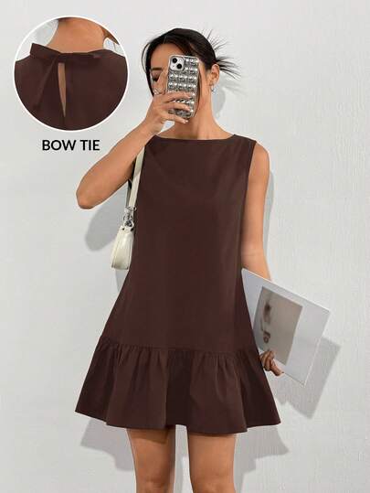 SHEIN EZwear 棕色梭织无袖可爱娃娃迷你连衣裙（女款）