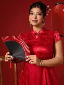 Elenzga 大码女式新年派对立领短袖旗袍连衣裙，显瘦百搭，适合节日穿着 - 紅色 - 查看 3