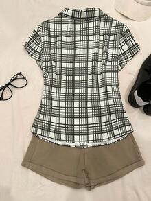 INAWLY 女士格子短袖单排扣休闲衬衫 - 白色 - 查看 2