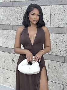 Alexandranx Đầm chữ A hở lưng cổ chữ V sâu thanh lịch lãng mạn gợi cảm dự tiệc - W - màu nâu - Xem 6