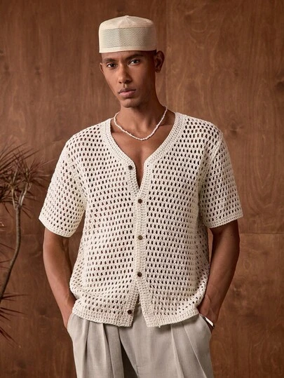 AKNOTIC Business Casual Men's Solid Color Minimalist Casual Short Sleeve Hollow Knit Top