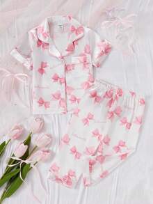 2pcs/Set Toddler Girls' Light Pink Taffeta Bow & Ribbon Print Short Sleeve Cardigan And Pants Casual Pajamas - White - View 3