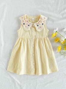 SHEIN Vintaside Kids 女婴可爱田园简约风高端刺绣图案背心和A字无袖公主竹纤维棉连衣裙，夏季 - 粉色 - 查看 4