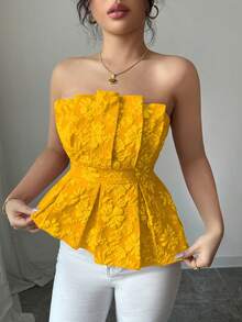 Rafferiza 女士奢华优雅花卉抹胸不对称上衣 - 黃色 - 查看 4