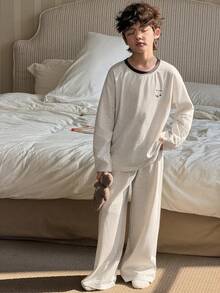 DAZY Tween Boy Cartoon Panda Letter Print Long Sleeve Top And Pants Pajama Set - Grey - View 6